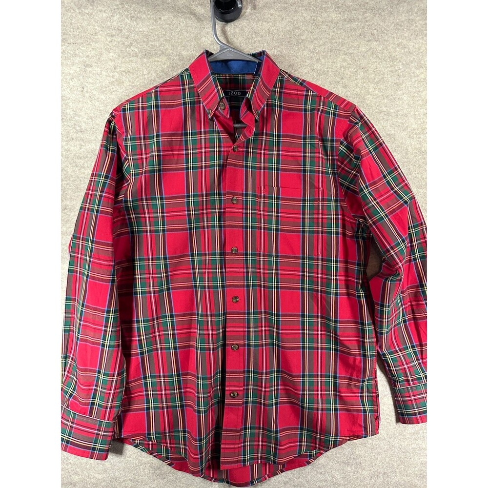 IZOD Men's Red Tartan Plaid Long Sleeve Button Down Shirt Holiday Preppy
